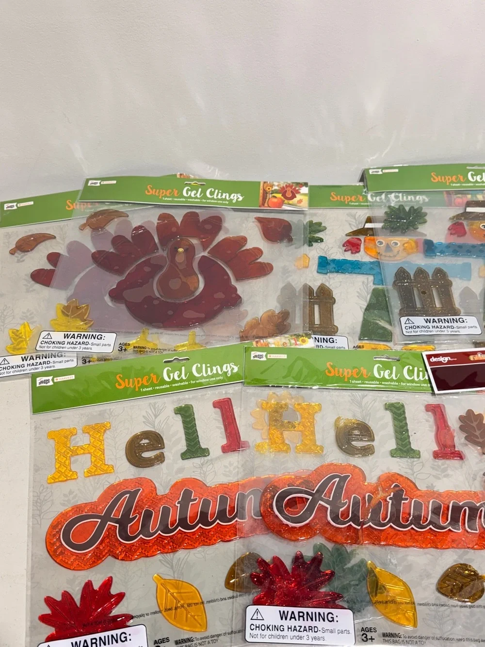 10 Pack Fall / Autumn / Thanksgiving Window Gel Clings - Turkey Leaves Pumpkins